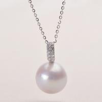 Cultured Freshwater Pearl Brass Pendant, with Brass, Round, silver color plated, fashion jewelry & with rhinestone, white, 12-13mm 