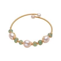 Cultured Freshwater Pearl Brass Bracelet, with Green Aventurine & Freshwater Pearl, gold color plated, for woman, white, 8-9mm .1 Inch 