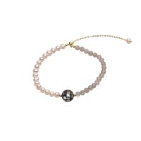 Cultured Freshwater Pearl Brass Bracelet, with Natural Moonstone & Abalone Shell & Brass, Round, gold color plated, for woman, white, 4-5mm .1 Inch 