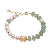 Cultured Freshwater Pearl Brass Bracelet, with Green Aventurine & Brass, Flat Round, gold color plated, for woman, white, 7-8mm .1 Inch 