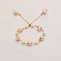 Cultured Freshwater Pearl Brass Bracelet, with Brass, Round, gold color plated, for woman, white .1 Inch 