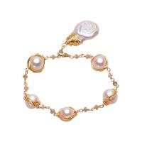 Cultured Freshwater Pearl Brass Bracelet, with Brass, gold color plated, for woman, white, 9-10mm .1 Inch 