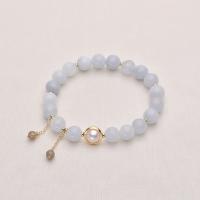 Blue Chalcedony Bracelet, with Freshwater Pearl & Brass, Round, gold color plated, for woman, 8-9mm .1 Inch 
