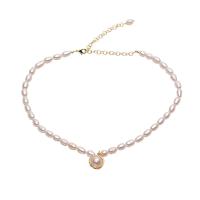 Freshwater Pearl Brass Necklace, with Brass, Rice, gold color plated, for woman, white, 5-6mm .93 Inch 