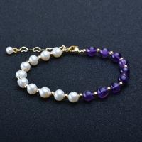 Cultured Freshwater Pearl Brass Bracelet, with Amethyst & Brass, Round, gold color plated, for woman, mixed colors, 5-6mm .1 Inch 