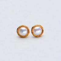 Freshwater Pearl Stud Earring, with brass wire, brass post pin, Round, gold color plated, for woman, white, 9-10mm 