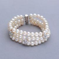Cultured Freshwater Pearl Brass Bracelet, with Brass, Round, silver color plated, multilayer & for woman & with rhinestone 5-6mm .1 Inch 