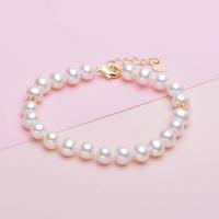 Cultured Freshwater Pearl Brass Bracelet, with Brass, Round, gold color plated, for woman, white, 7-8mm 