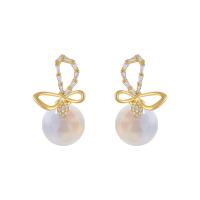 Plastic Pearl Zinc Alloy Earring, with Plastic Pearl, gold color plated, for woman & with rhinestone & hollow 