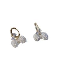 Huggie Hoop Drop Earring, Brass, with Plastic Pearl, Bowknot, gold color plated, micro pave cubic zirconia & for woman 