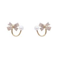 Rhinestone Brass Stud Earring, with Plastic Pearl, Bowknot, gold color plated, for woman & with rhinestone, 23mm 
