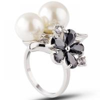 Pearl Brass Finger Ring, with Plastic Pearl & for woman & with cubic zirconia, silver color 