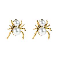 Boucle d'oreille en alliage de zinc en plastique perle, avec perle de plastique, araignée, bijoux de mode & pour femme, doré Vendu par paire