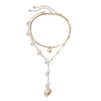 Fashion Multi Layer Necklace, Iron, with Plastic Pearl & Brass & Zinc Alloy, with 7cm extender chain, Heart, gold color plated, Double Layer & fashion jewelry & adjustable & for woman, golden cm, 40 cm 