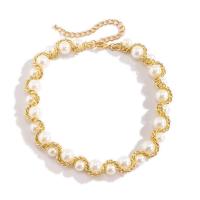Plastic Pearl Necklace, Aluminum, with Plastic Pearl, with 7cm extender chain, Round, gold color plated, fashion jewelry & adjustable & for woman, golden, 15mm cm 