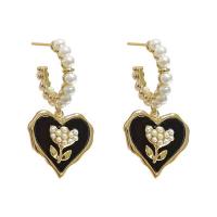 Plastic Pearl Zinc Alloy Earring, with Plastic Pearl, Heart, gold color plated, Korean style & for woman & enamel 32mm 
