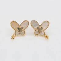 Brass Earring Drop Component, with White Shell, Butterfly, gold color plated & for woman 