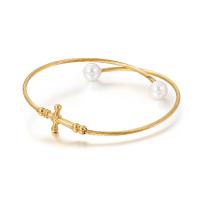 Stainless Steel Cuff Bangle, 304 Stainless Steel, with Shell Pearl, Cross, rack plating, for woman 8mm Inner Approx 66mm 