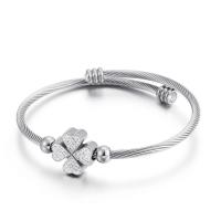 Stainless Steel Cuff Bangle, 304 Stainless Steel, with Cubic Zirconia, Four Leaf Clover, rack plating, for woman 3mm, Inner Approx 58mm 