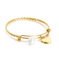 Stainless Steel Bangle, 304 Stainless Steel, with Shell Pearl, Heart, rack plating, Adjustable & for woman, golden 10mm, Inner Approx 60mm 