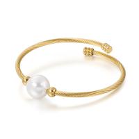 Stainless Steel Cuff Bangle, 304 Stainless Steel, with Shell Pearl, Round, rack plating, for woman 14mm, Inner Approx 62mm 