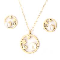 Rhinestone stainless steel Jewelry Set, 304 Stainless Steel, Stud Earring & necklace, with Shell Pearl & Rhinestone, with 5cm extender chain, Flat Round, rack plating, 2 pieces & for woman & hollow 14mm,20mm Approx 40 cm 