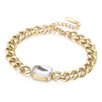 Stainless Steel Charm Bracelet, 304 Stainless Steel, with Crystal, with 4cm extender chain, Rectangle, rack plating, for woman & faceted 8mm Approx 17 cm 