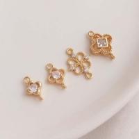 Cubic Zirconia Brass Connector, Four Leaf Clover, real gold plated, DIY & with cubic zirconia & 1/1 loop, golden 