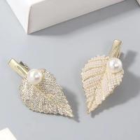 Alligator Hair Clip, Zinc Alloy, with Plastic Pearl, Leaf, fashion jewelry & for woman & with rhinestone, golden 