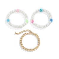 Bracelets de perles en plastique, perle de plastique, avec argile de polymère & aluminium, fleur, Placage de couleur d'or, trois pièces & bijoux de mode & pour femme, Vendu par fixé