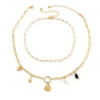 Zinc Alloy Iron Chain Necklace, with Plastic Pearl & Zinc Alloy, with 7cm extender chain, gold color plated, Double Layer & fashion jewelry & adjustable & for woman, golden, 15mm cm, 45 cm 