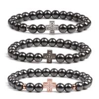 Non Magnetic Hematite Bracelet, with Brass, Cross, plated, elastic & micro pave cubic zirconia & for man cm 