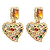 Zinc Alloy Rhinestone Drop Earring, with Glass Rhinestone, Heart, gold color plated, for woman & with rhinestone 