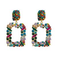 Zinc Alloy Rhinestone Drop Earring, with Glass Rhinestone, Rectangle, gold color plated, for woman & with rhinestone & hollow 