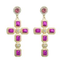 Zinc Alloy Rhinestone Drop Earring, with Glass Rhinestone, Cross, gold color plated, for woman & with rhinestone 