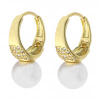 Huggie Hoop Drop Earring, Brass, with Plastic Pearl, gold color plated, for woman 