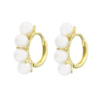 Brass Huggie Hoop Earring, with Plastic Pearl, gold color plated, for woman 