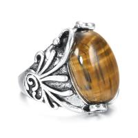 Gemstone Zinc Alloy Finger Ring, with Tiger Eye, antique silver color plated, fashion jewelry & Unisex 23mm 