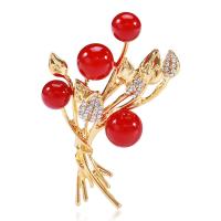 Strass Zink Legierung Brosche, Zinklegierung, mit Kunststoff Perlen, goldfarben plattiert, für Frau & mit Strass, rot, 34x55mm, verkauft von PC