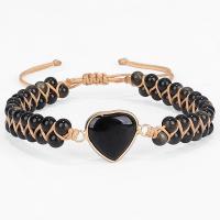 Gemstone Woven Ball Bracelets, Gold Obsidian, with Polyester Cord, Heart, handmade, fashion jewelry & Unisex & adjustable, black cm 