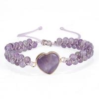 Gemstone Woven Ball Bracelets, Amethyst, with Polyester Cord, Heart, handmade, fashion jewelry & adjustable & for woman, purple cm 
