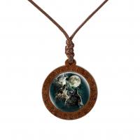 Time Gem Jewelry Necklace, Wood, with Wax Cord & Glass, Flat Round, Unisex Approx 45 cm 