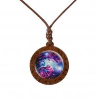 Time Gem Jewelry Necklace, Wood, with Wax Cord & Glass, Flat Round, Unisex Approx 45 cm 