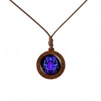 Time Gem Jewelry Necklace, Wood, with Wax Cord & Glass, Flat Round, Zodiac symbols jewelry & Unisex Approx 45 cm 