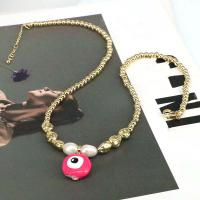 Evil Eye Schmuck Halskette, Messing, mit Natürliche kultivierte Süßwasserperlen, mit Verlängerungskettchen von 1.97, blöser Blick, goldfarben plattiert, für Frau & Emaille, goldfarben, Länge:15.75 ZollInch, verkauft von PC