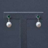 Freshwater Pearl Brass Earring, with Brass, Round, silver color plated, for woman & with rhinestone, white, 8-9mm 
