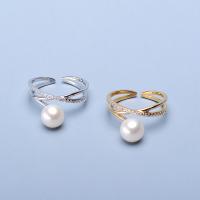 Rhinestone Brass Finger Ring, with Freshwater Pearl, Round, plated, for woman & with rhinestone 7-8mm 