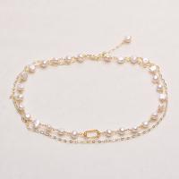 Freshwater Pearl Brass Necklace, with Brass, gold color plated, Double Layer & for woman, white, 6-8mm .93 Inch 