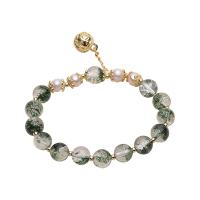Quartz Bracelets, Green Phantom Quartz, with Freshwater Pearl & Brass, Round, gold color plated, for woman, 7-8mm .1 Inch 
