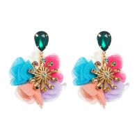 Zinc Alloy Rhinestone Drop Earring, with Glass Rhinestone & Cloth, Flower, gold color plated, for woman & with rhinestone 